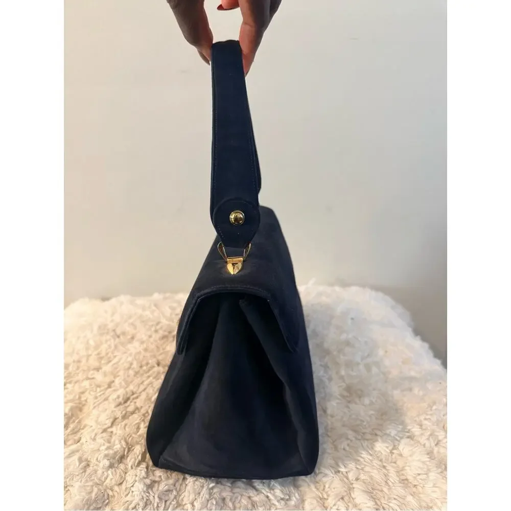 Vintage Saks Fifth Ave Classic Dark Blue Suede Top-Handle Bag with Gold Hardware